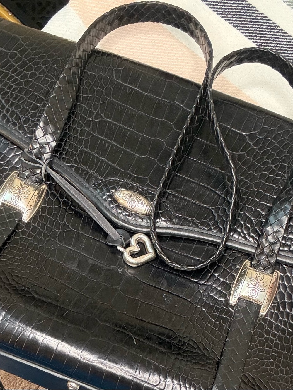 Brighton Black Croc-Embossed Satchel with Braided Handles and Heart Charm